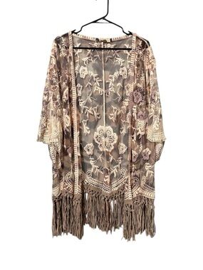 Origami Floral Lace Suede Fringe Kimono Boho Festival Romantic Cream Purple OS